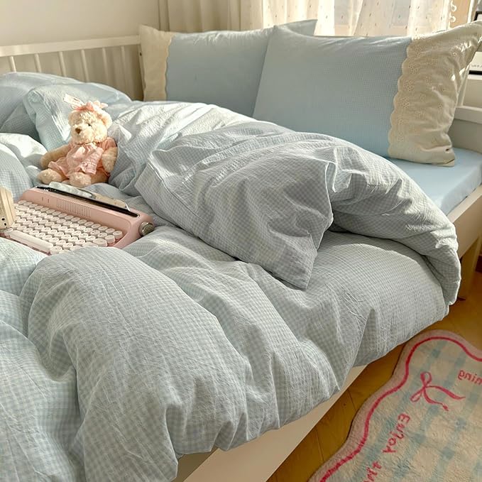 LifeTB Blue Gingham Duvet Cover Queen 3 Pieces Blue Plaid Comforter Cover with Chic White Lace Soft Microfiber Checkered Grid Duvet Cover with 2 Pillowcases Breathable Gingham Plaid Bedding Set