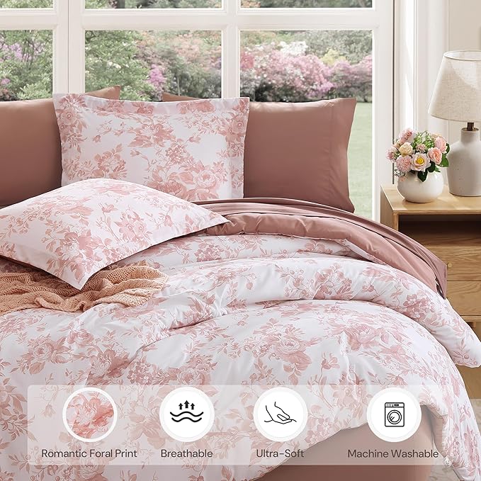 Queen Comforter Set -7 Pieces Pink Floral Comforter Set for All Seasons, Bed in a Bag Queen with Botanical Flowers Comforter, Sheets, Pillowcases & Shams