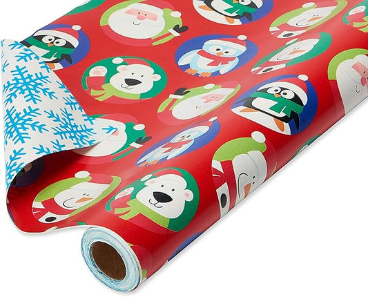 American Greetings Jumbo Kids Christmas Reversible Wrapping Paper Roll, Red and Blue Holiday Gift Wrap (175 sq. ft., 1 Extra Large Roll-30 in. x 70 ft.) Penguins, Polar Bears, Santa, Snowflakes