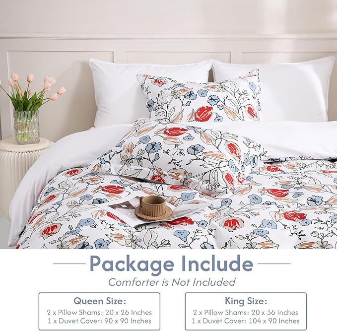 LONAVA Queen Flower 3 Pcs Duvet Cover Set, Breathable Soft Microfiber White Lining Comforter Cover with Zipper Closure, and 2 Anti-Pilling, Fade Resistant Pillowcases, Red Bud
