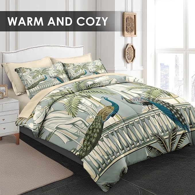Comforter Set King Size, Peacock Bird Animal 7 Pcs Bedding for Kids and Adults, Floral Botanical Grey Green Bed Sheet Sets with Fitted Sheet 2 Pillowcase & 2 Sham for Bedroom Bed Decor