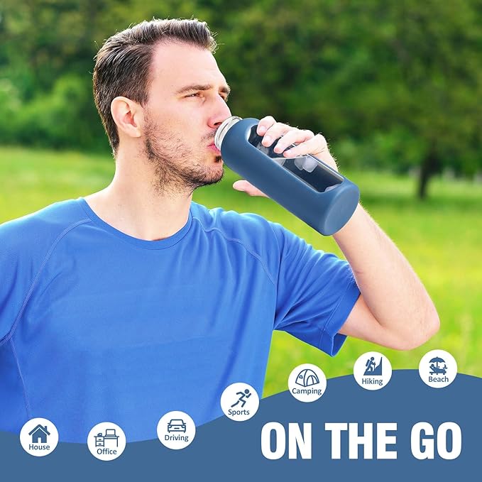 32 oz Glass Water Bottle, 1 Liter Glass Tumbler with Straw, Reusable Drinking Bottles with 2 Lids-Handle Lid&Bamboo Straw Lid, Silicone Sleeve, for Sports, Home,1 Pack-Blue