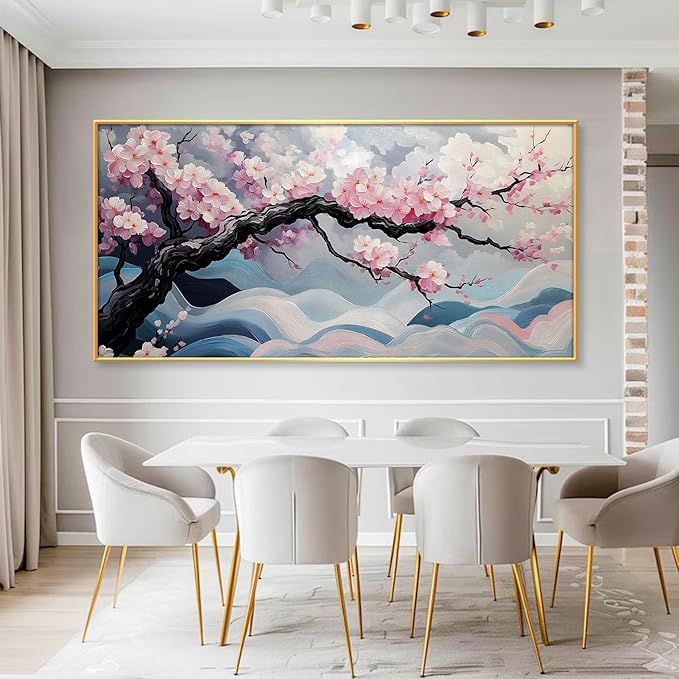 Japanese Cherry Blossom Canvas Wall Art, Sakura Tree Canvas Print, Pink Floral Pictures, Cherry Blossom Tree Wall Art, Flower Branch Decor, Nature Prints for Living Room (Gold Framed, 71"x35" | 180x90cm)
