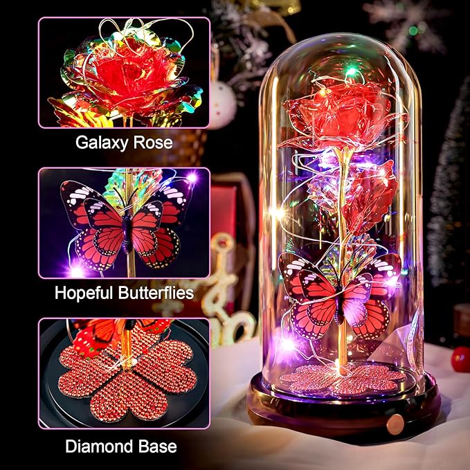 Christmas Rose Gifts for Women, Gift for Birthday Rechargeable Galaxy Glass Rose Light Up Roses In Glass Dome Forever Crystal Flowers Butterfly Xmas Gifts for Women Mom Grandma Sister Her Wife Red