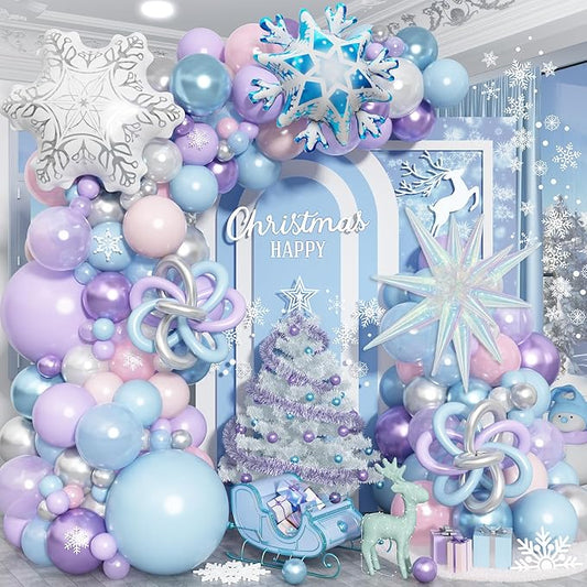 Winter Wonderland Balloon Arch Garland Kit, Snowflake Blue Pink Purple Silver White Balloons Snowflake Star Foil Balloon for Holiday Snow Princess Xmas Christmas Baby Shower Birthday Party Decorations