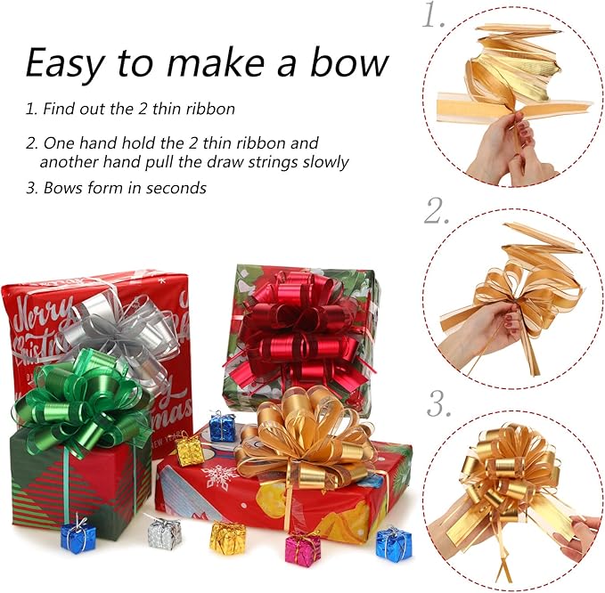 WILLBOND 20 Pieces 6 Inch Pull Bows Gift Wrapping Ribbon Pull Bows for Christmas Wedding Baskets Valentine Multicolor Wrap Accessory for Gift Present Holiday Decor(Green, Red, Gold, Silver)