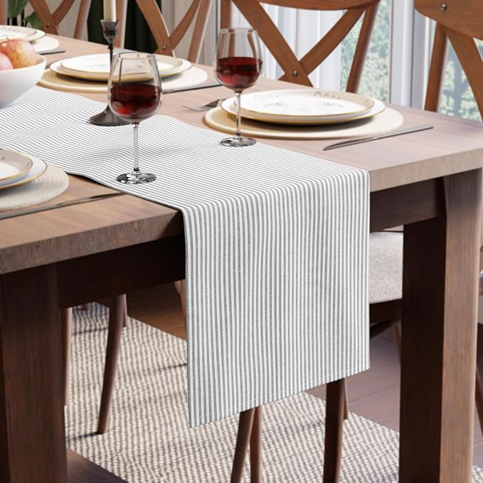 Encasa XO Cotton Dining Table Runner | Ticking Black | Size 13x94 in - Machine Washable & Durable
