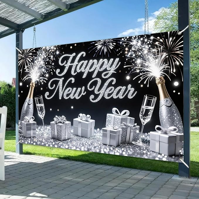 Happy New Year Banner 71x43 Inch Silver Champagne Party Wall Decoration Fireworks Photo Backdrop for Indoor Countdown Celebration Holiday Event and Home Background Display