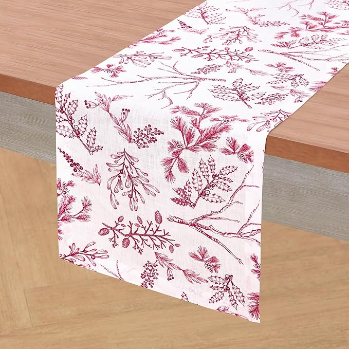 Solino Home 100% Pure Linen Christmas Table Runner 144 Inches Long - Red/White Table Runner 14 x 144 Inch - Handcrafted and Machine Washable - Winter Forest Print
