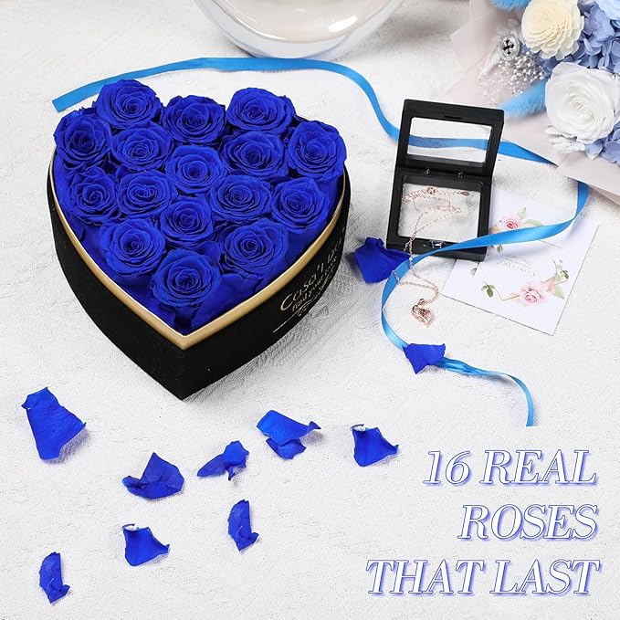 Preserved Roses Flowers for Delivery 16 Pcs, Forever Flores in Heart Box with Necklace, Eternal Rose Anniversary Birthday Gift for Women Wife Girlfriend, Rosas for Valentines Christmas, Blue