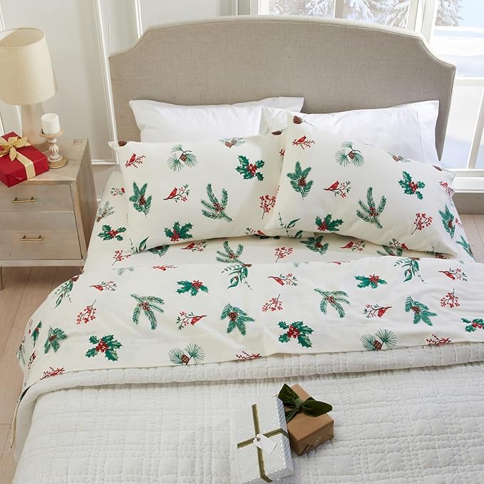 Market & Place 100% Cotton Queen Flannel Sheet Set | 4 Piece Deep Pocket Novelty Cozy Winter Bed Sheets | Double Brushed for Extra Softness & Comfort | Alpine Collection (Queen, Cardinal & Pine)