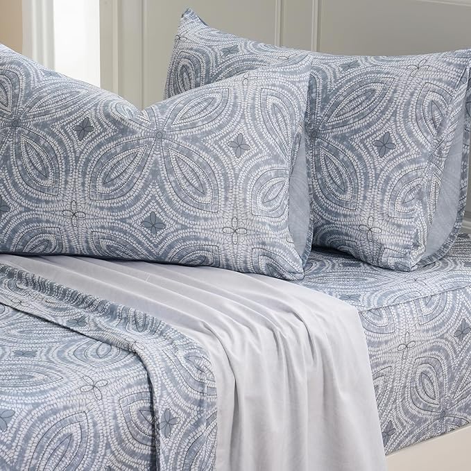 Zusbest King Size Sheets 100% Percale Cotton Grey Bed Sheet Set, Brushed Extra Softness, Breathable Luxury Flannel Like Sheets Modern Classic Navy Printed Deep Pocket Bed Set 17.5'' 4 Pcs