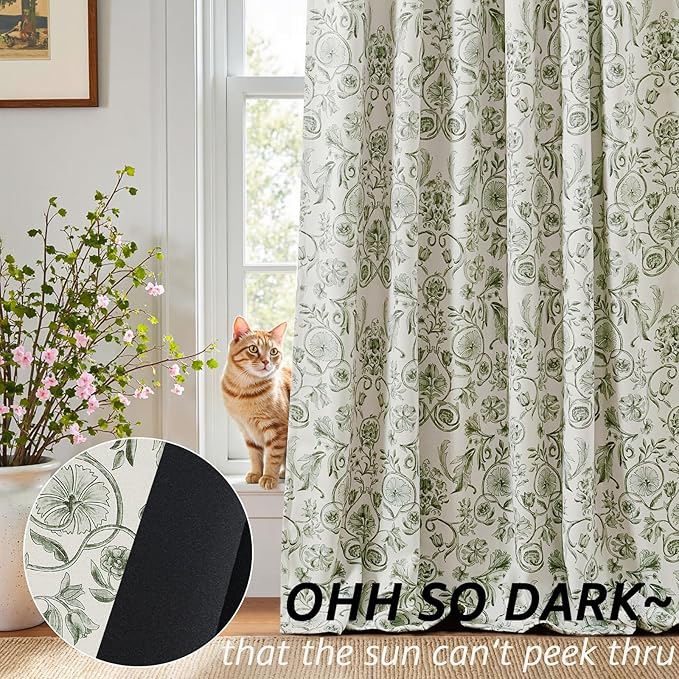 jinchan Floral Blackout Curtains for Bedroom Living Room 63 Inch Length Farmhouse Curtains Room Darkening Vintage Short Drapes Traditional Rod Pocket Window Treatment 2 Panels Set Sage Green on Beige