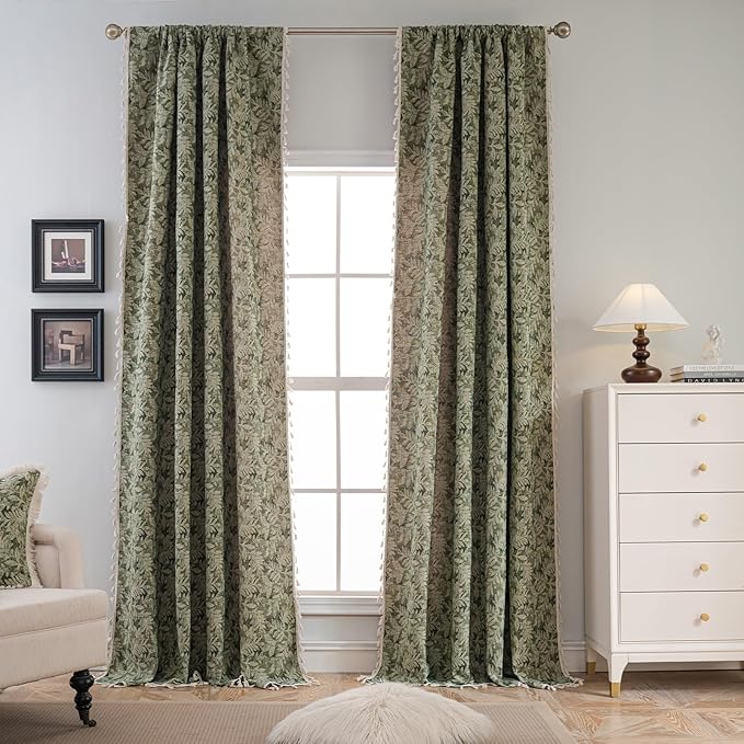 ENJOYBRIDAL Green Leaf 84 Inch Curtains 2 Panel Set Farmhouse Floor Length Drapes Semi Sheer Rod Pocket Bedroom Rustic Window Curtain Panels Living Room Boho Aesthetic Country Tassel Window Treatments