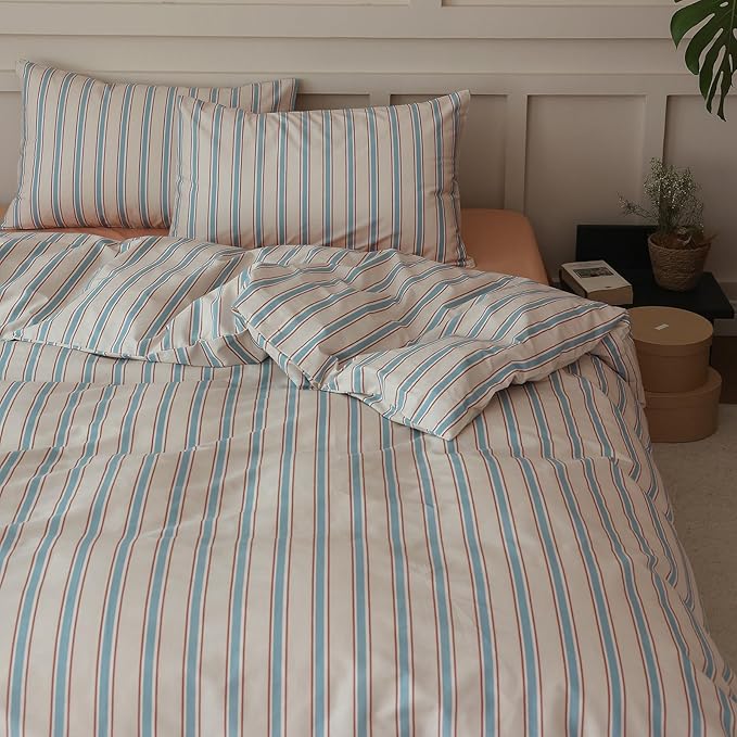 Striped Comforter Set King Size, 3 Pieces Lightweight Striped Bedding Comforter Set, Fluffy Soft Blue Brown Stripes Pattern Printed Bedding Set, Breathable King Size Comforter with 2 Pillowcases