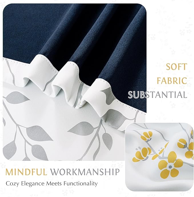 Beauoop Floral 100% Blackout Curtains 84 Inches Long 2 Panels for Bedroom Living Room Yellow Grey and White Flower Patterned Room Darkening Thermal Soundproof Grommet Window Treatments Drapes, 52X84