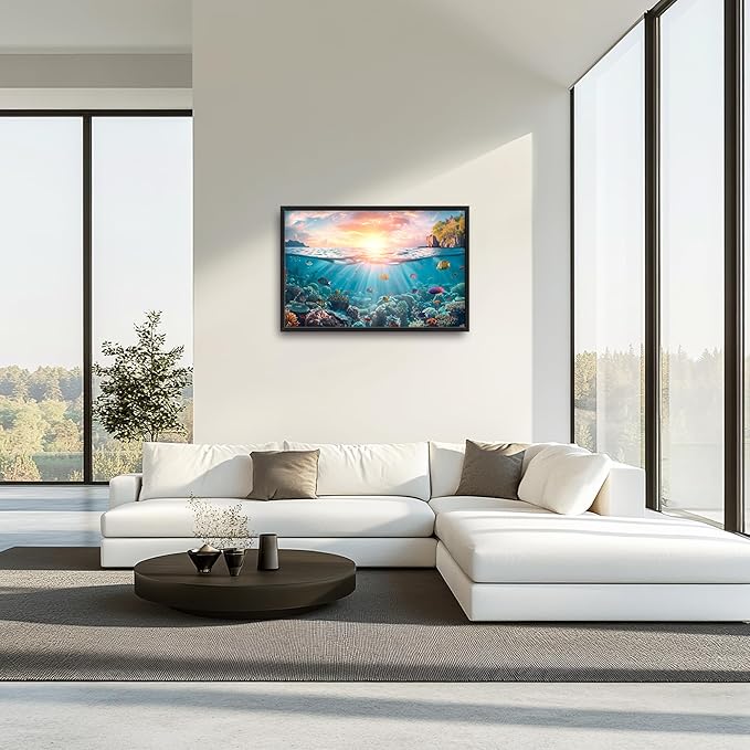Ocean Fish Large Wall Art Framed Wall Decor for Living Room, Ocean Sunset Pictures Oversized Canvas Print Painting Modern Extra Large Framed Artwork for Bedroom Office Home Decor 36"x24"