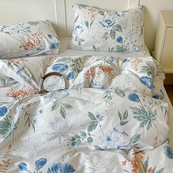 EAVD Cotton Duvet Cover King Size Floral Print Duvet Cover Soft Chic Shabby Garden Colorful Floral Bedding Set with 2 Pillowcases Fresh Spring Botanical Comforter Cover with Zipper Closure