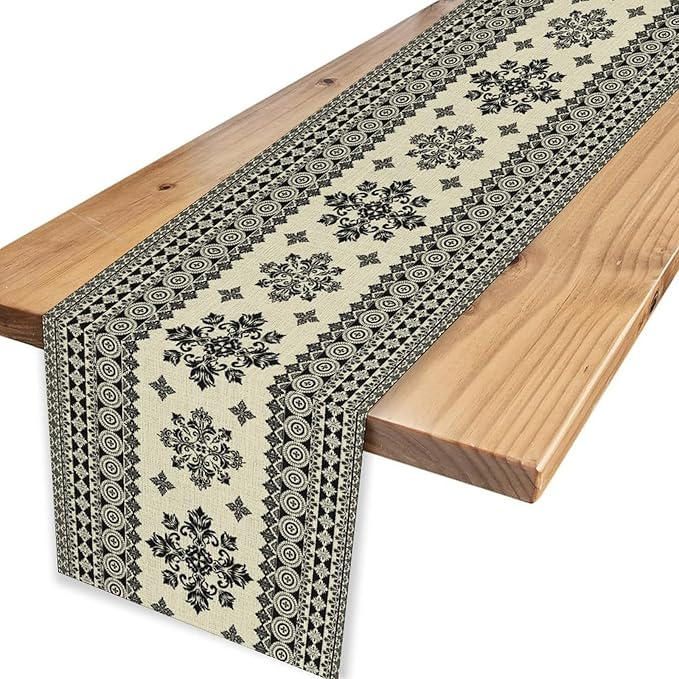 Black Paisley Table Runner, Vintage Damask Antique Floral Flower Retro Boho Swirled Print Table Center Decor for Family Kitchen Table Decorations Indoor Outdoor 13x36 inch