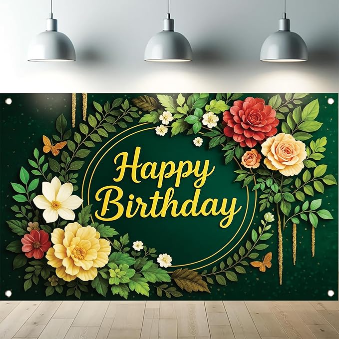 Greenery Birthday Backdrop Green Floral Banner Butterfly Happy Birthday Photography Background for Women Girls Lady Newborn Baby Shower Party Supplies Photo Booth Props 71 x 43 Inch