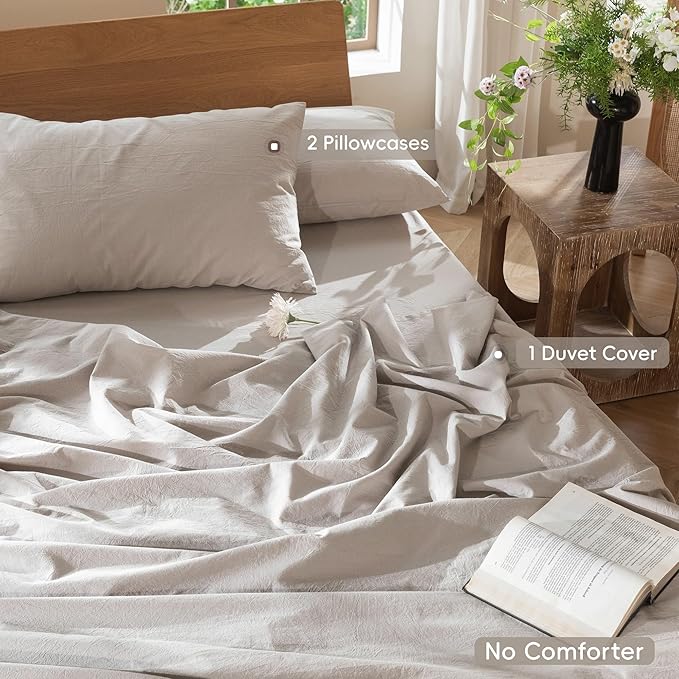MooMee Bedding Duvet Cover Set 100% Washed Cotton Linen Like Textured Breathable Durable Soft Comfy (Solid Light Tan, Super King Plus 120"x120")