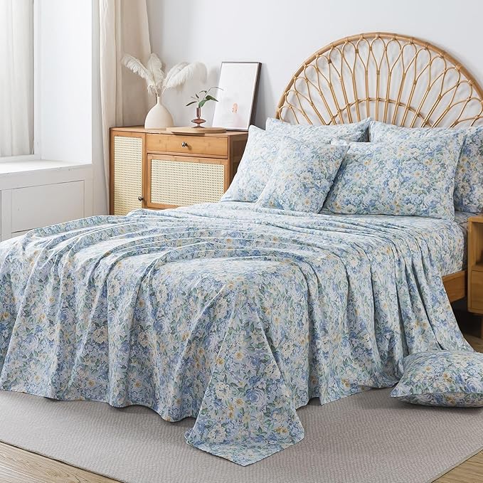 FADFAY 100% Cotton Full Bed Sheet Set, 4 Piece Blue Yellow Rose Floral Bedding, Soft Breathable Cooling Sheets with Deep Pocket Fitted Sheet, Flat Sheet & 2 Pillowcases, Vintage Farmhouse Sheets