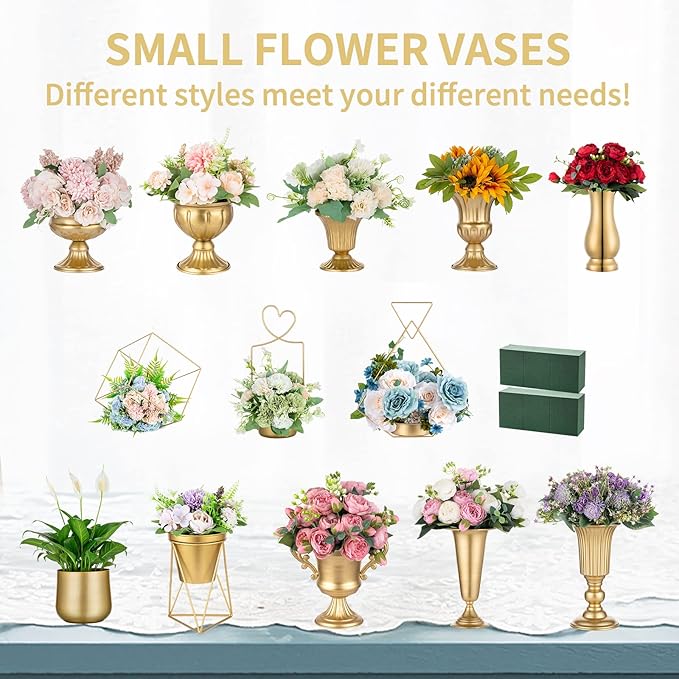 Nuptio Gold Vases for Centerpieces - 10 Pcs, 6.5in Height Metal Urn Planter Elegant Wedding Centerpieces for Tables - Trumpet Vase for Weddings and Party Decoration