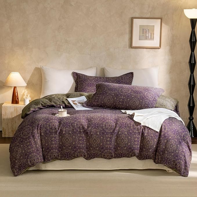 EAVD Soft 100% Cotton Muslin Yarn-Dyed Jacquard Textured Duvet Cover Queen Chic Shabby Purple Floral Duvet Cover with Zipper Closure Linen Like Gauze Floral Bedding Set with 2 Pillowcases