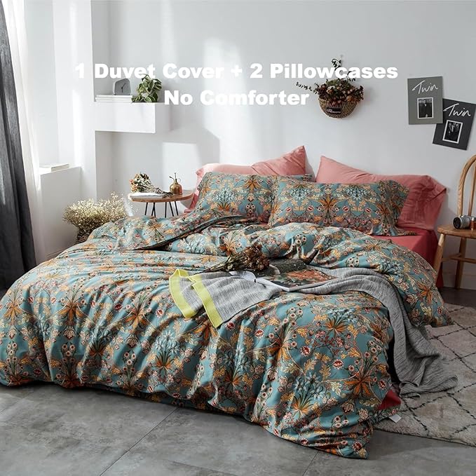 LifeTB Vintage Floral Bohemia Duvet Cover Twin XL Boho Floral Bedding Set Luxury Soft Long Staple Cotton Comforter Cover Vibrant Flower Pattern Duvet Cover with Zipper Closure Farmhouse Bedding Set