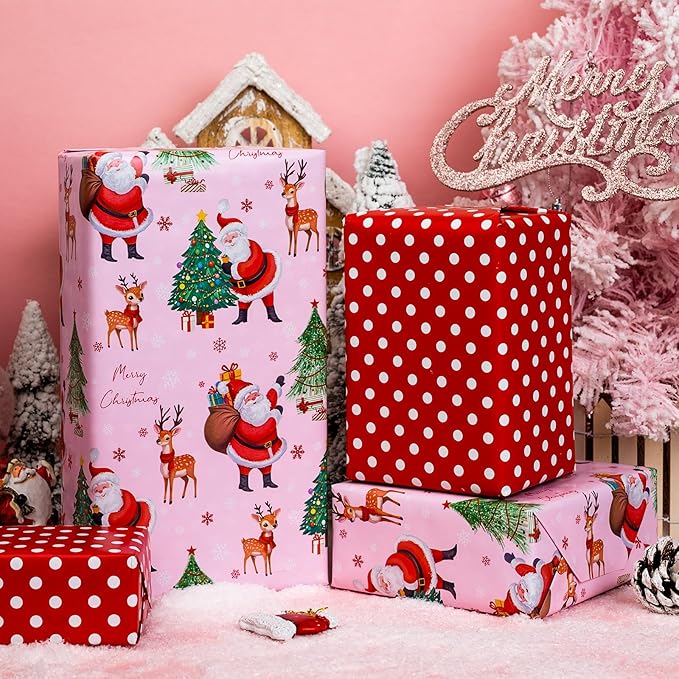 Yarcony Pink Christmas Wrapping Paper, Santa Gift Wrapping paper, Reversible Vintage Santa Claus, Christmas Tree & Reindeer Festive Holiday Gift Wrap for Present Packaging, Craft (17 Inch X 33 Feet)