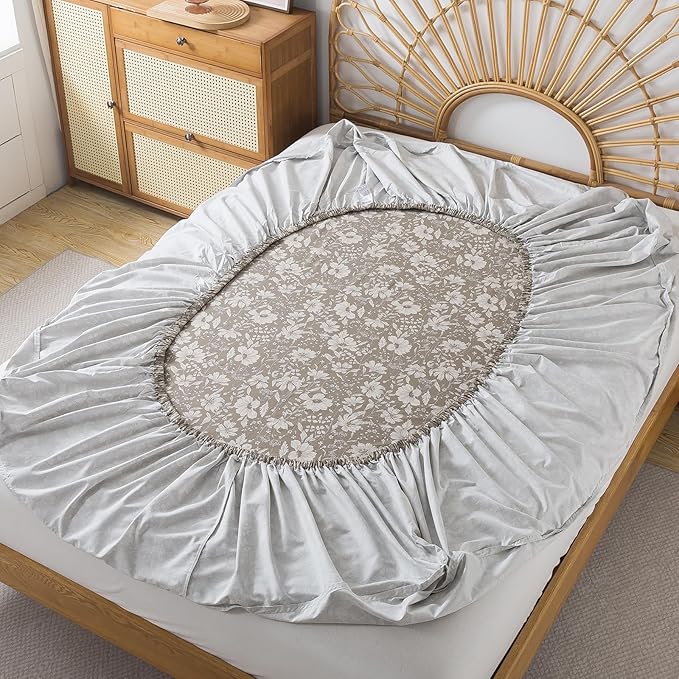 FADFAY 100% Cotton Floral Bed Sheet Set California King, Mocha Mousse Botanical Flower Bedding, Soft Breathable All Season Cotton Sheets with Flat Sheet, Deep Pocket Fitted Sheet & 2 Pillowcases