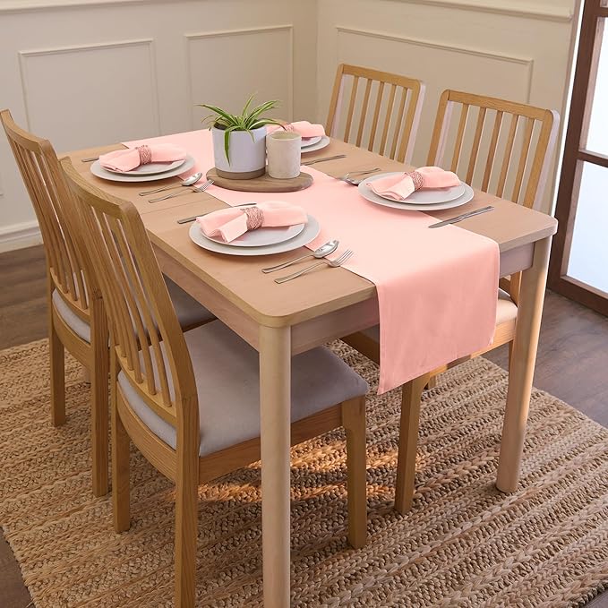 Encasa XO Table Runner 13"x104" Long | Cotton Canvas Fabric | Powder Pink Solid Color | Machine Washable & Durable