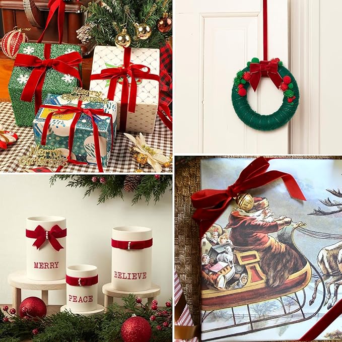 Red Velvet Ribbon 3/8 inches x 5 Yards for Gift Wrapping, Crafts, Christmas Tree, Christmas Wreath, Bow Making, Vintage Fabric Red Velvet Ribbon on The Spool for DIY