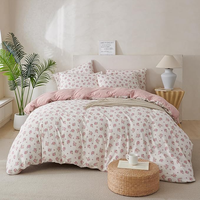 Flower King Comforter Set Soft 3 Pieces Chic Crinkle Gauze Fabric Garden Style Floral Print Botanical Comforter for All Seasons Luxury Warmth Comfy Breathable with 2 Pillowcases