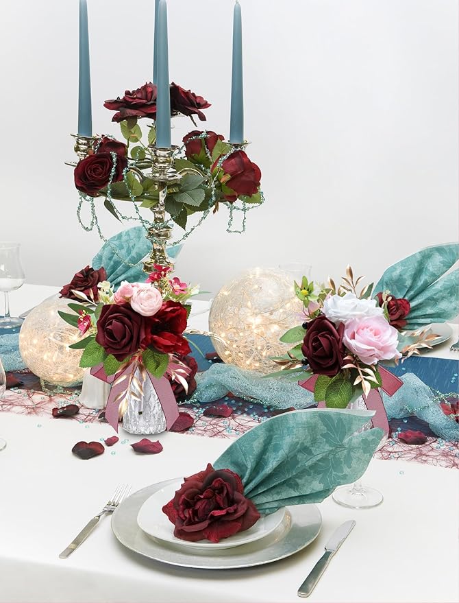 Marriwise Set of 6 Burgundy Red Assorted Wedding Flower Centerpieces Pre-Made Mini Bridesmaid Bouquets Artificial Floral Rose Table Decor for Wedding Decorations Shower Home Decor (Burgundy Red)