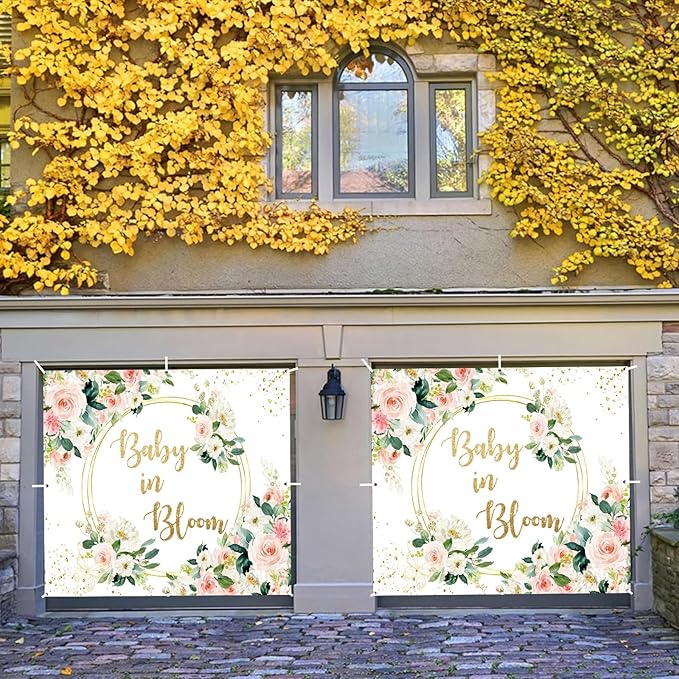 Baby in Bloom Baby Shower Garage Door Cover Banner Decorations Backdrop 7x8ft Pink Boho Floral Golden Loop Garage Door Backdrop Baby Shower Cake Table Outdoor Garage Door Banner Decorations