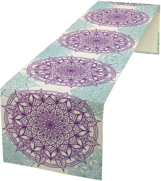 Boho Mandala Table Runner, Purple Blue Bohemian Floral Table Decor Runner for Kitchen Dining Indoor Outdoor Party Decoration, 13x90 Inch