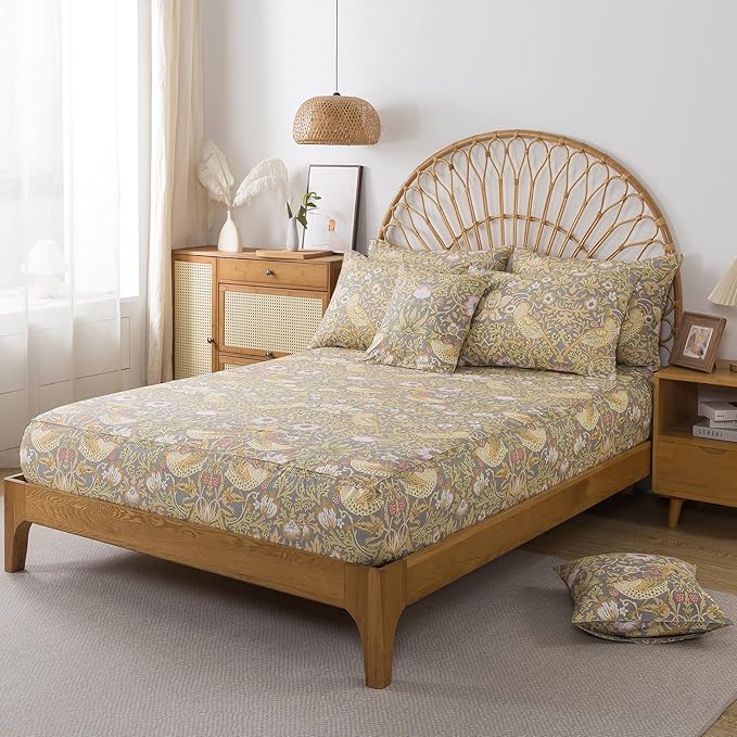 FADFAY 100% Cotton Cal King Bed Sheet Set, 4 Piece Gray Vintage Floral Bird Print Bedding, Soft Breathable Cooling Sheets, Deep Pocket Fitted Sheet, Flat Sheet & Pillowcases, All Season Cotton Bedding