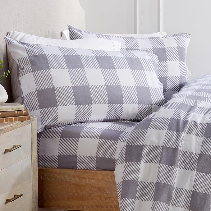 Market & Place 100% Turkish Cotton Flannel Sheet Set | 4 Piece Deep Pocket Novelty Cozy Winter Bed Sheets | Double Brushed for Extra Softness & Comfort | King, Buffalo Check Grey