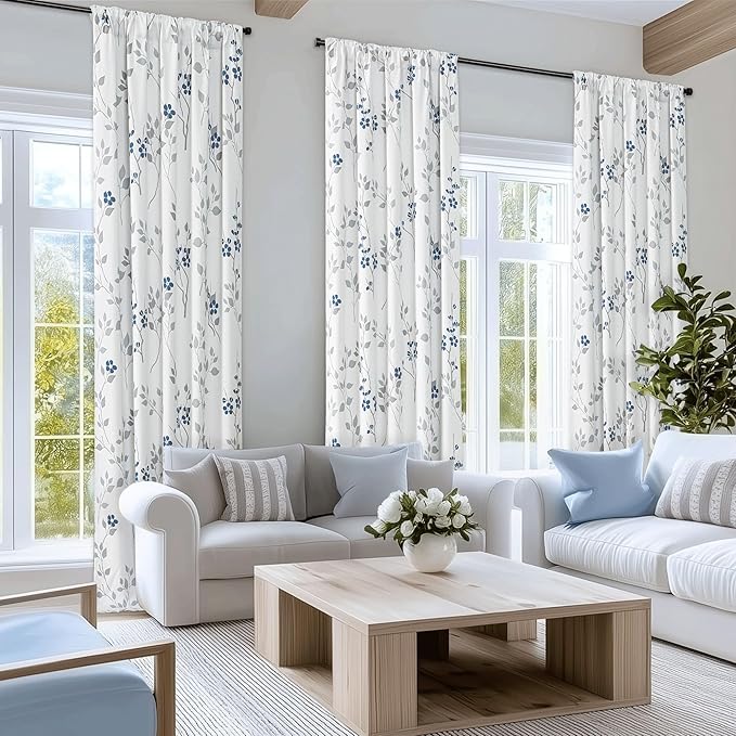 Beauoop Floral 100% Blackout Curtains 84 Inches Long 2 Panels for Bedroom Living Room Blue Grey and White Flower Patterned Room Darkening Thermal Soundproof Rod Pocket Back Tab Window Drapes, 52X84