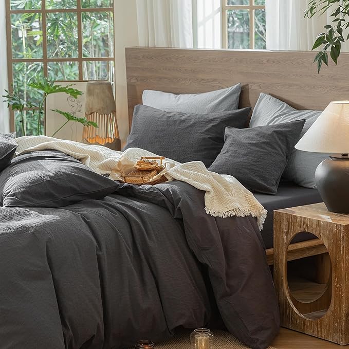 MooMee Wavy Striped Duvet Cover Set 100% Washed Cotton Linen Like Textured Breathable Durable Soft Comfy (Charocal Grey, Super Queen 90"x98")