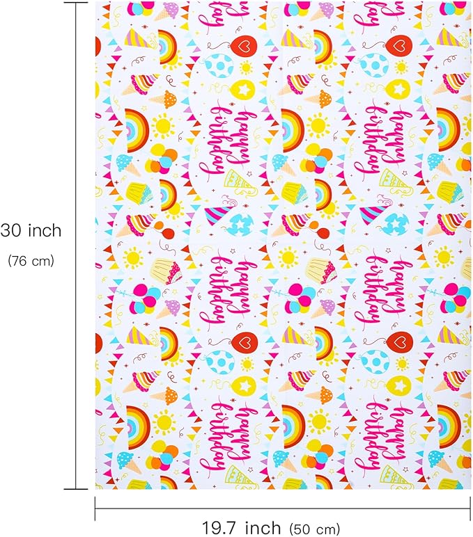 WRAPAHOLIC Birthday Wrapping Paper Sheet - 12 Sheets Rainbow Clouds and Birthday Celebratory Design Folded Flat for Party, Baby Showers - 19.7 Inch X 30 Inch Per Sheet