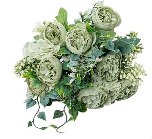 KAOYOO 4 PCS Artificial Peony Bouquet Short Stem for DIY Wedding Decoration Bridal Bouquet Home Decorations(Green 4-PCS)