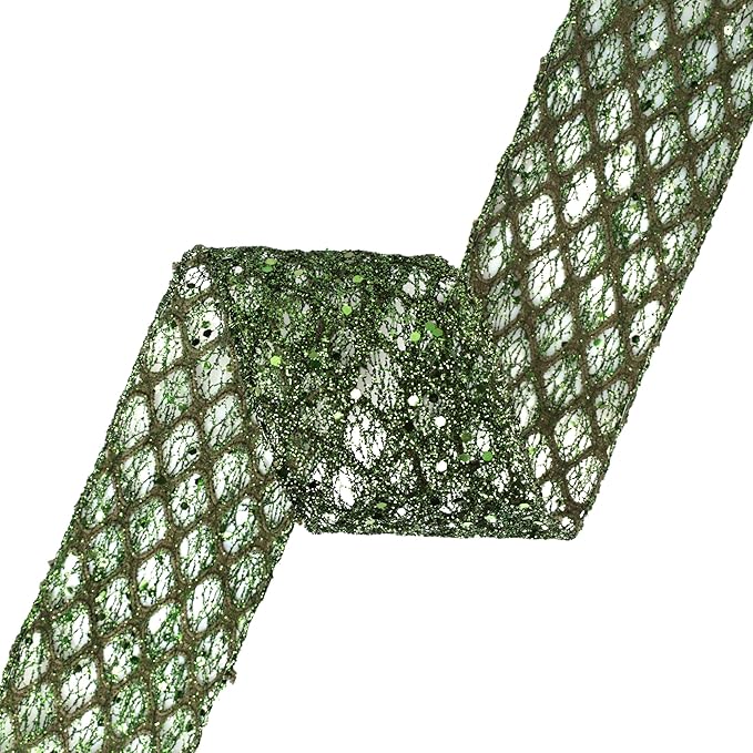VATIN 2-1/2" Moss Green Christmas Ribbon, Green Glitter Mesh Diamond Web Sequin Dots Wired Christmas Ribbon for Gift Wrapping Bow Making Wreath Supply-10 Yards