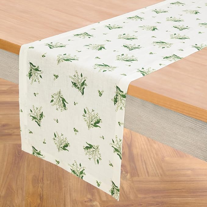 Solino Home Lily Floral Print Table Runner 36 inch - 100% Pure Linen Table Runner 14 x 36 Inch - Machine Washable - Lily of The Valley/Off White Print