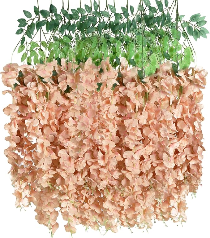 12Pack Wisteria Hanging Flowers 3.6ft Fake Flower Garland Faux Wisteria Vines Champagne Artificial Silk Flowers Bushy Rattan String for Garden Home Wall Wedding Decorations (Champagne)