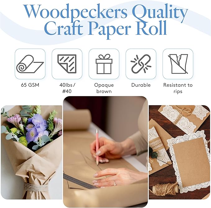 Brown Kraft Paper Roll 17-3/4 inch Wide, 6000 inch Long, 1 Roll, Jumbo Roll for Eco Friendly Christmas Gift Wrapping Paper and Packing Paper, by Woodpeckers