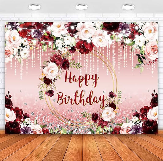 Sensfun Floral Happy Birthday Backdrop Burgundy Flowers Rose Gold Glitter Bokeh Spots Photo Background Vinyl Women Birthday Party Cake Table Decorations Photoshoot Banner (10x6.5ft)