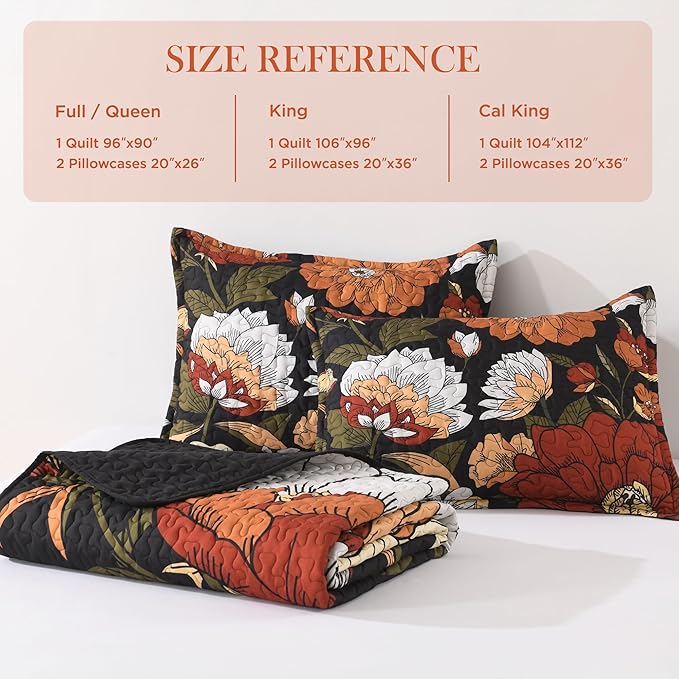 Andency Floral Boho California King Quilt Bedding Set Black, 3 Pieces Farmhouse Flower Botanical Summer Oversized King Bedspreads, Soft Reversible Lightweight Microfiber Coverlet Set, 104"x112"