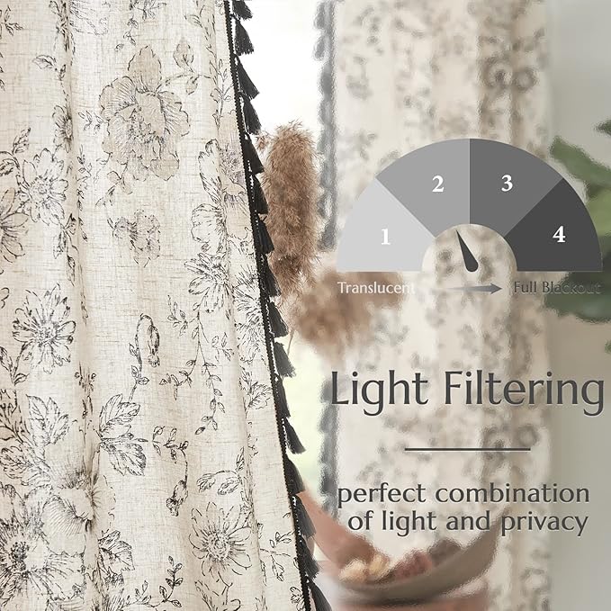 JINCHAN Linen Blend Floral Curtains for Living Room & Bedroom - 84 Inch Long Printed Curtains with Tassels & Rod Pocket - Farmhouse Rustic Peony Flower Patterned Drapes - 2 Panels